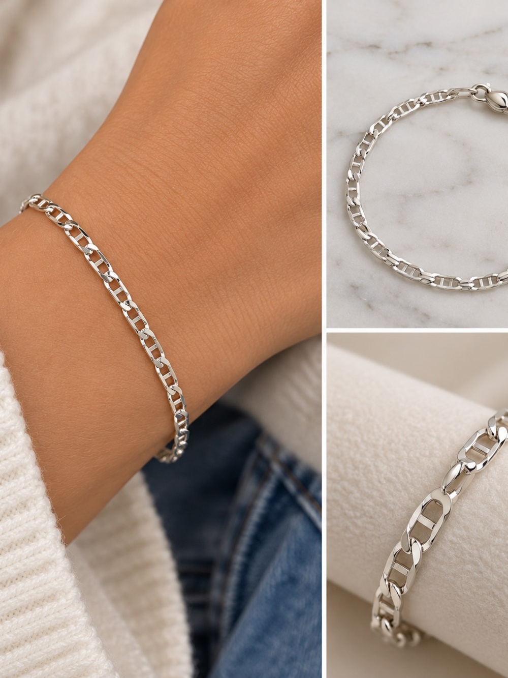 18K White Gold Layered Mariner Link Bracelet Brazilian GF 7 1/2 "
